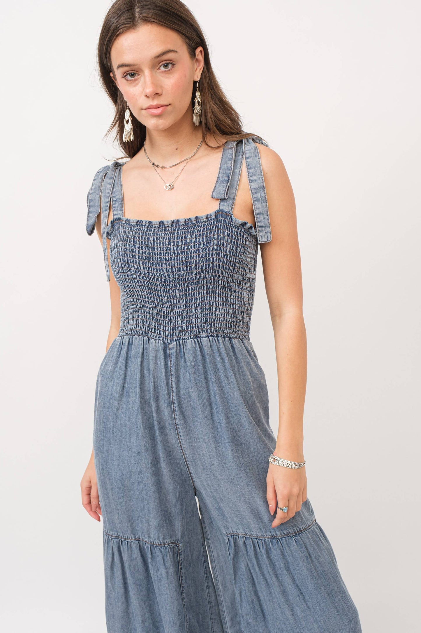 Smocked Tie Wide Pant Jumpsuit