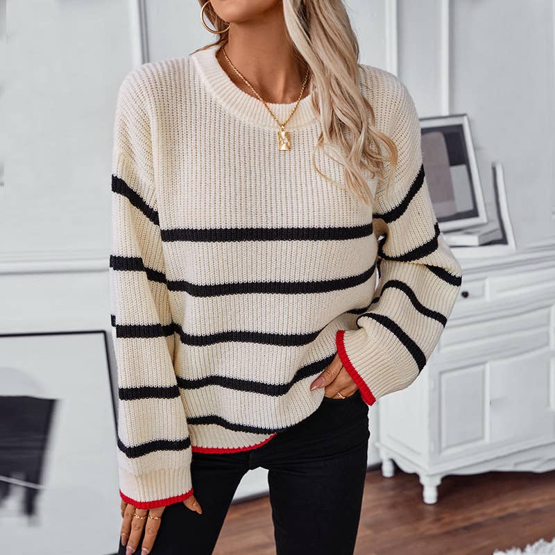SALE! Contrast Color Striped Crew Neck Sweater