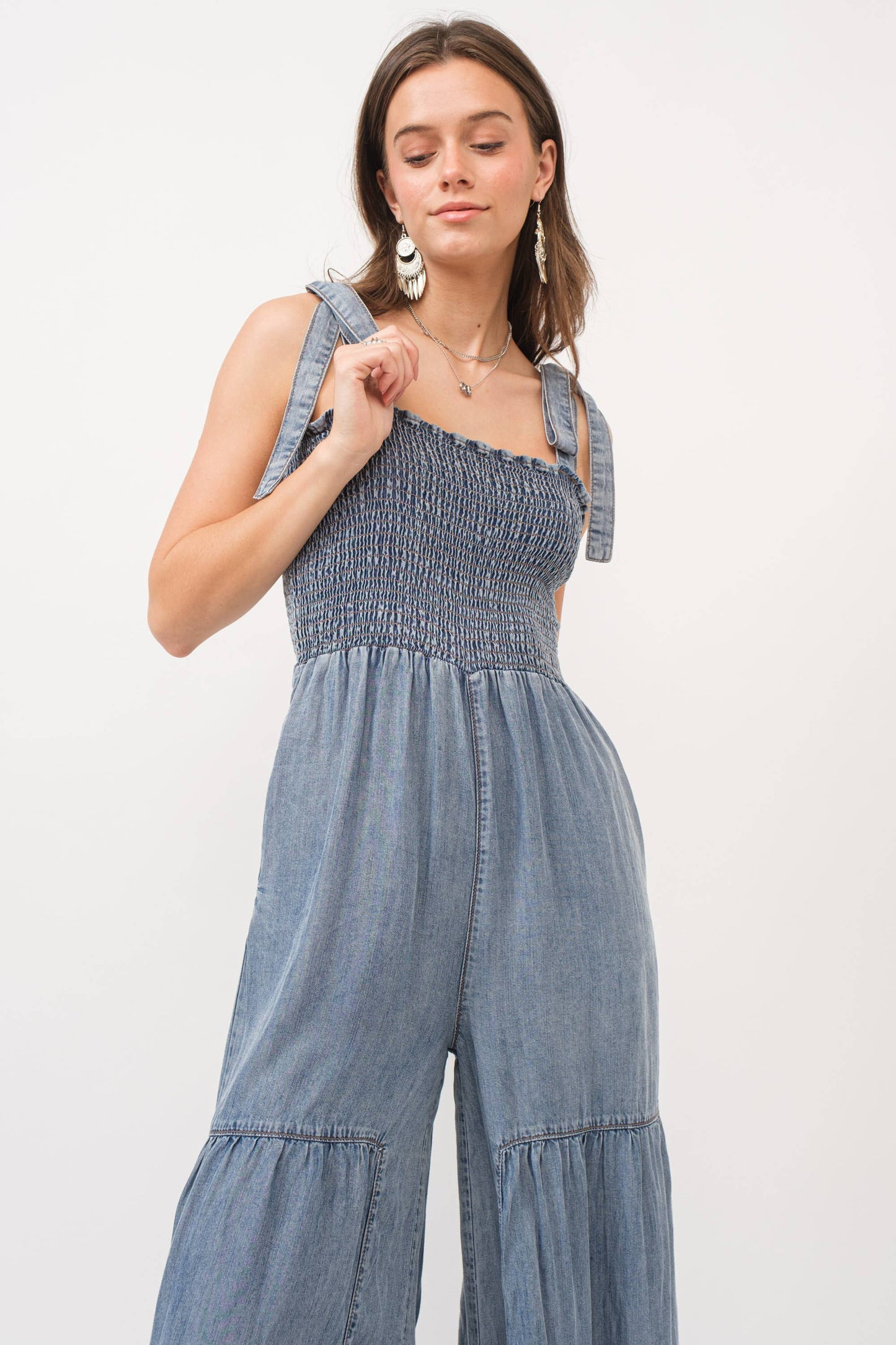 Smocked Tie Wide Pant Jumpsuit