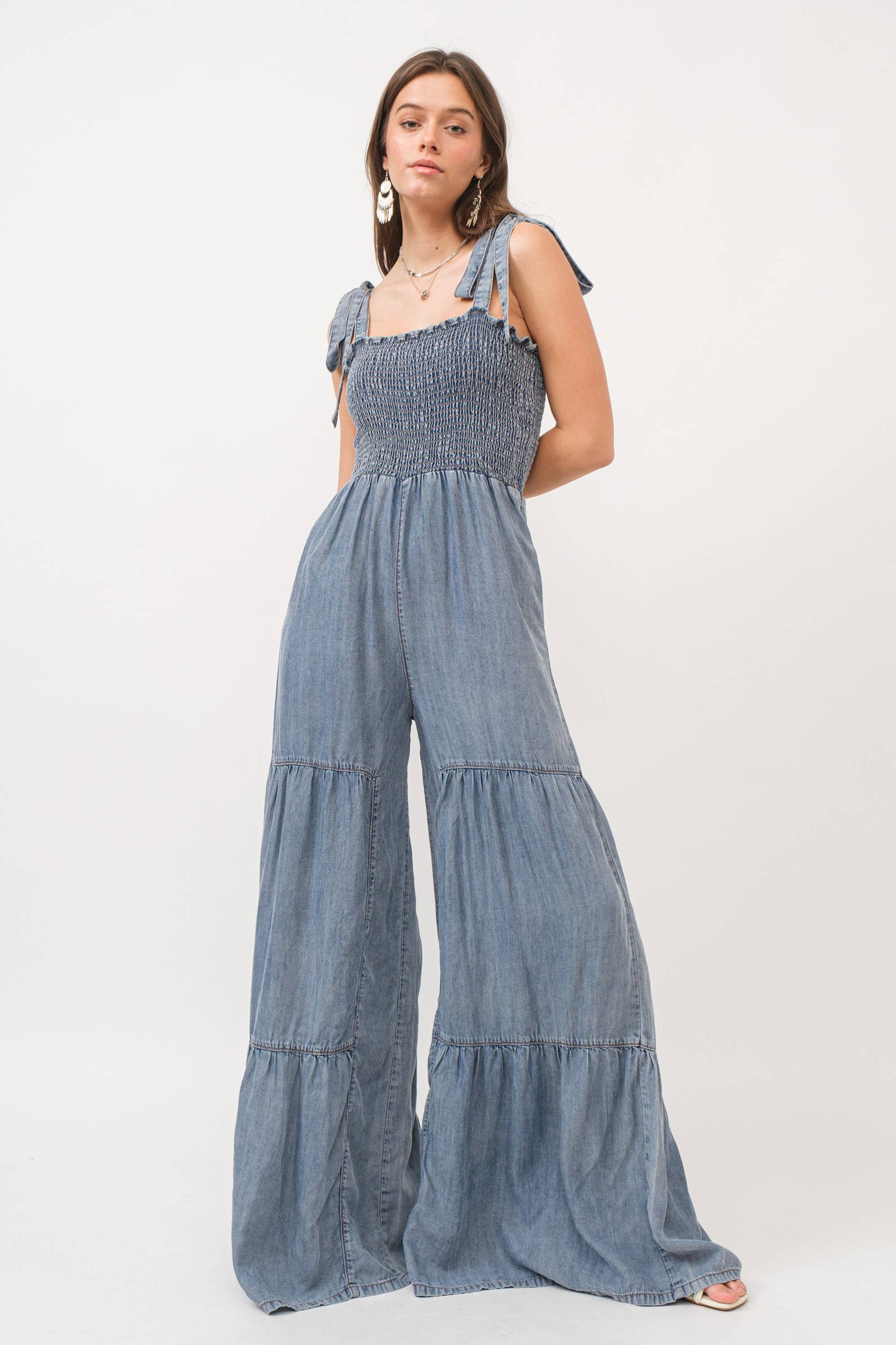 Smocked Tie Wide Pant Jumpsuit