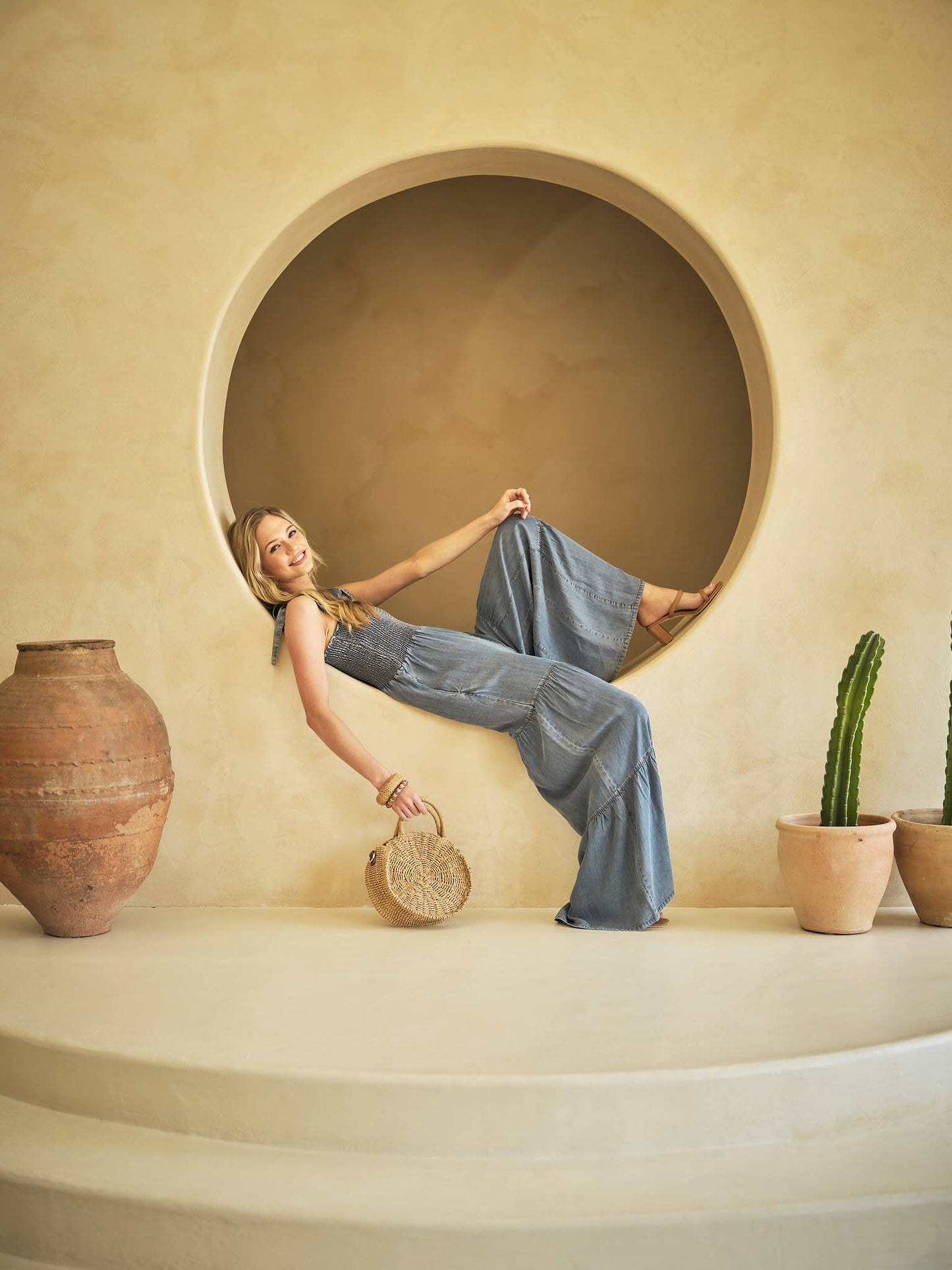 Smocked Tie Wide Pant Jumpsuit