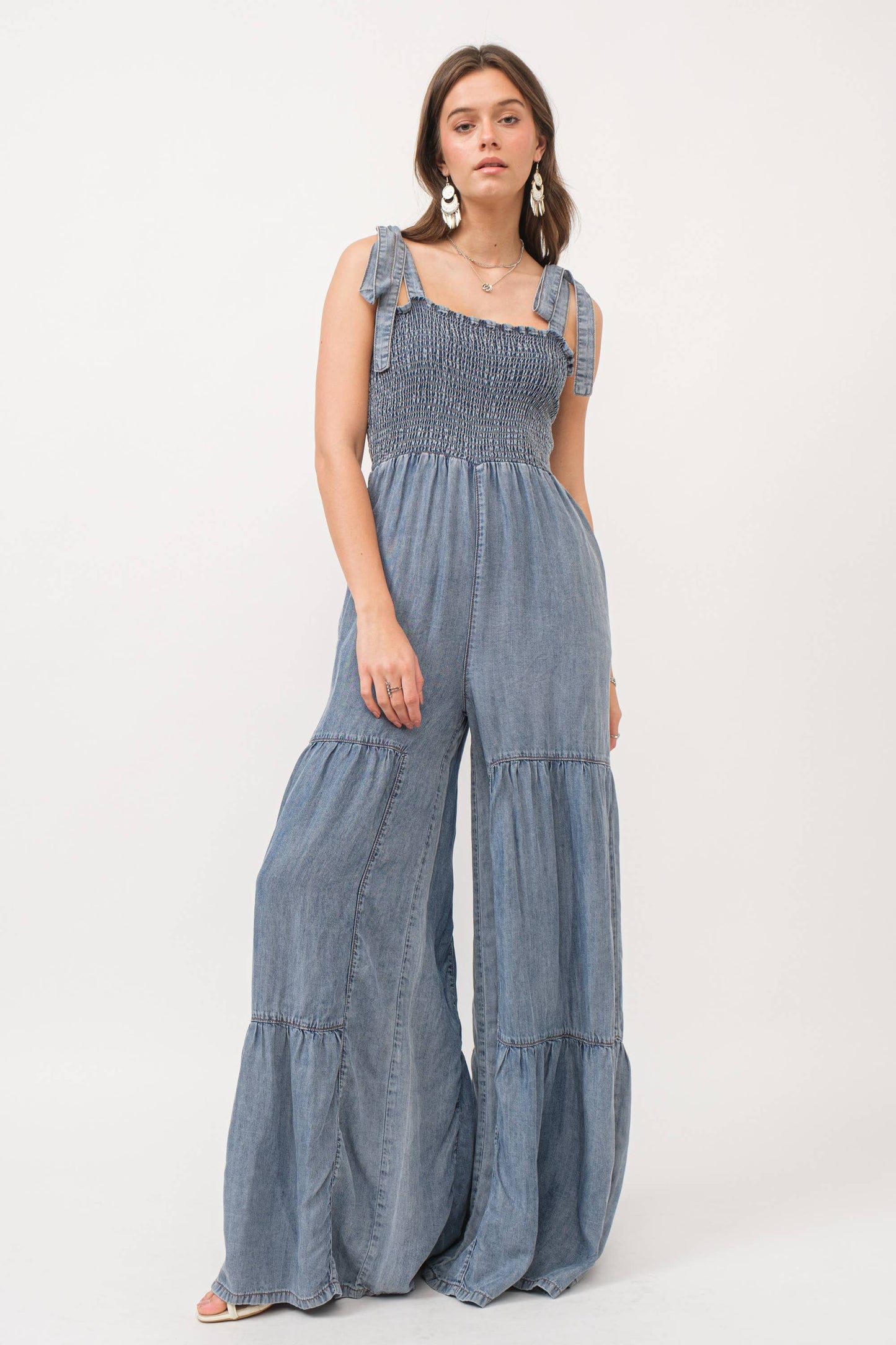 Smocked Tie Wide Pant Jumpsuit