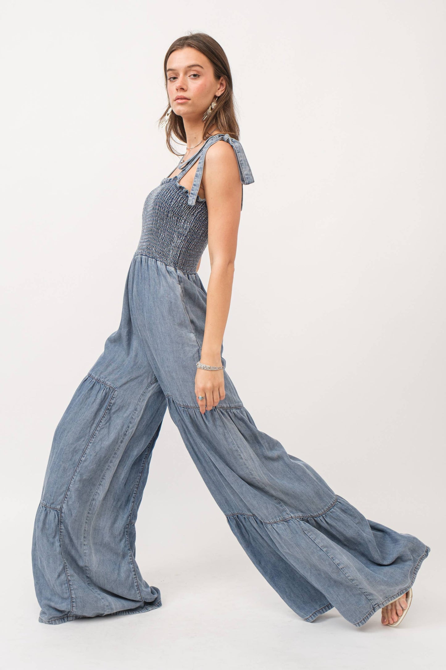 Smocked Tie Wide Pant Jumpsuit