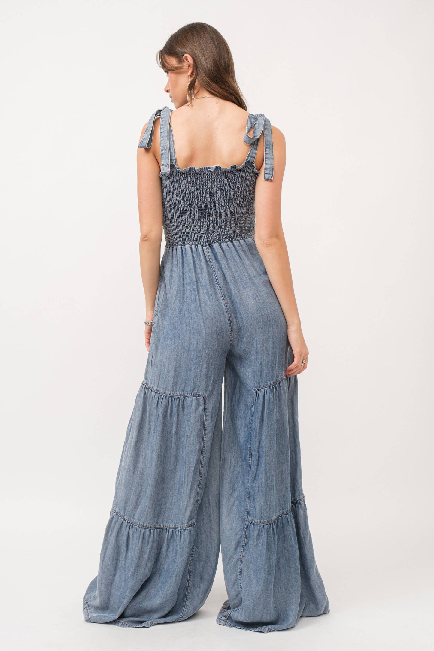 Smocked Tie Wide Pant Jumpsuit