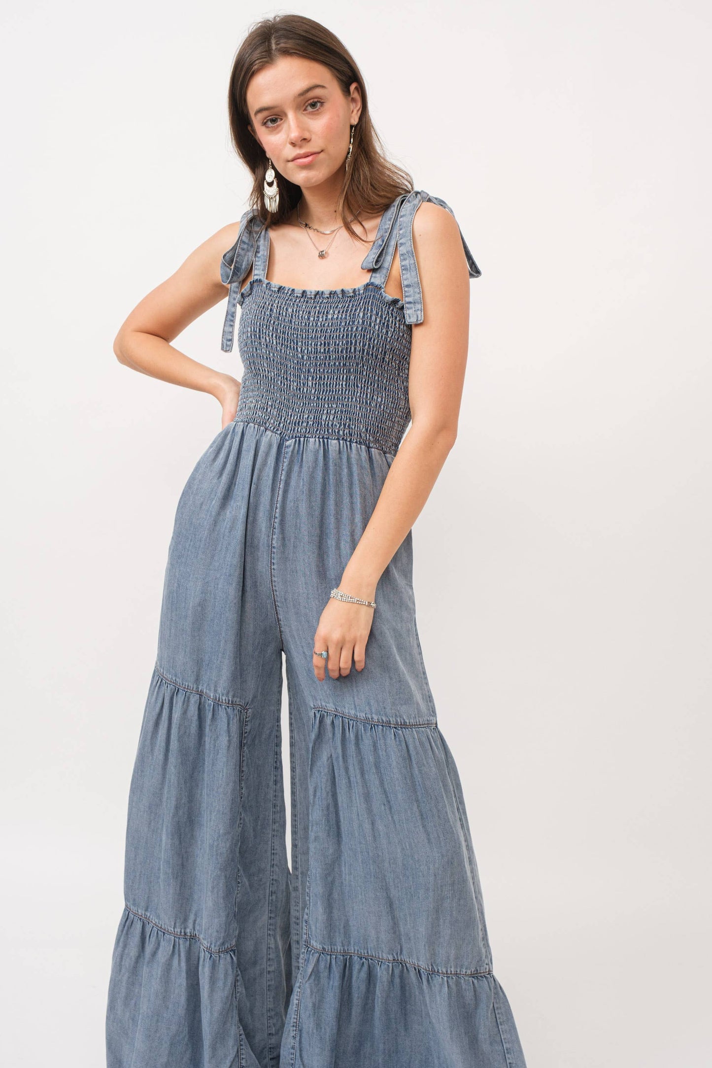 Smocked Tie Wide Pant Jumpsuit