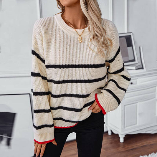 SALE! Contrast Color Striped Crew Neck Sweater