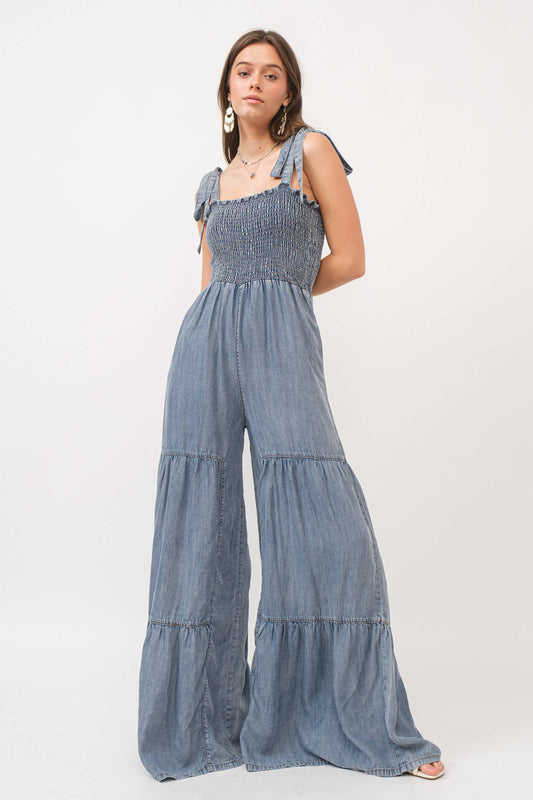 Smocked Tie Wide Pant Jumpsuit